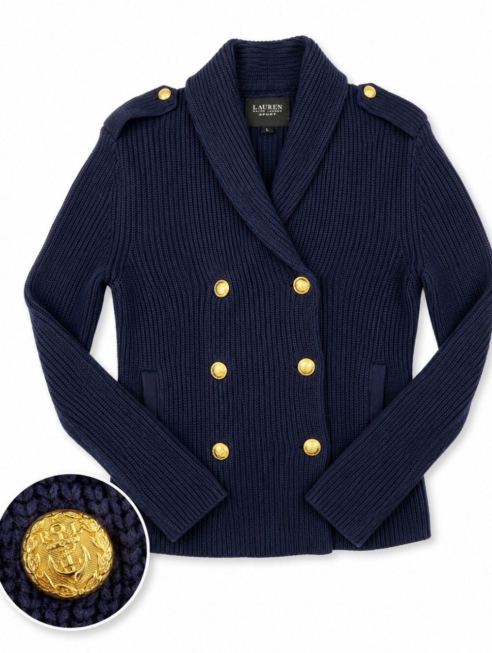 Lauren Ralph Lauren Sport Military Knit Cardigan Jacket Navy Gold Buttons NWT L